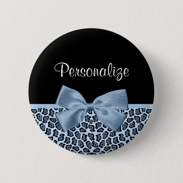 Chic Jaguar Print Light Blue Bow With Name 2 Inch Round Button (Front)