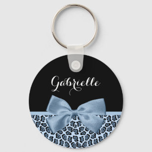 Chic Jaguar Print Light Blue Bow With Name Keychain