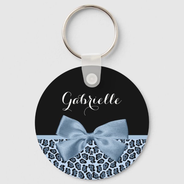 Chic Jaguar Print Light Blue Bow With Name Keychain (Front)