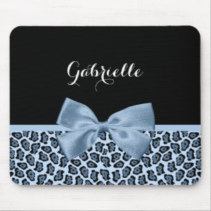 Chic Jaguar Print Light Blue Bow With Name Mouse Pad