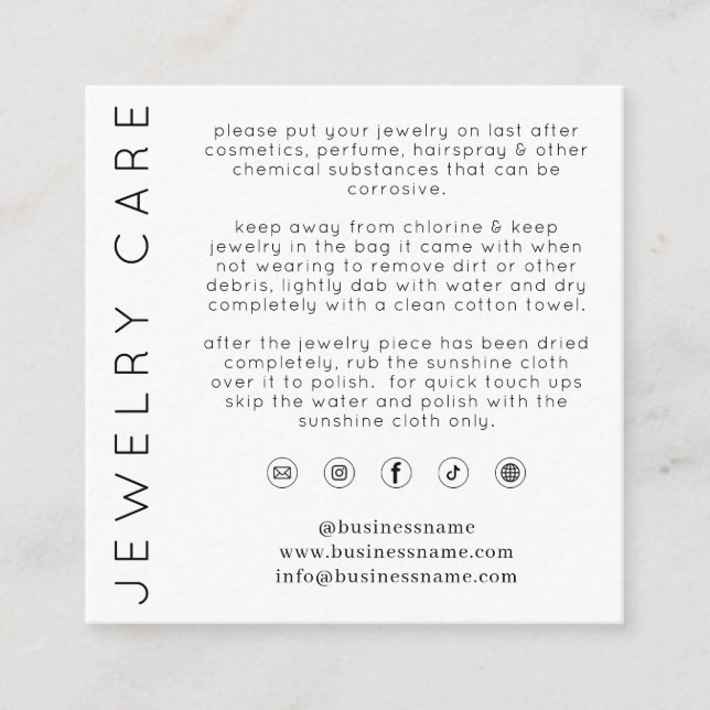 Chic Jewellery Care Instructions Thank You Busines Enclosure Card (Front)