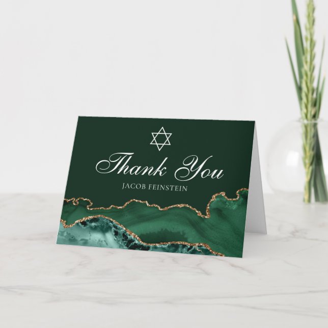 Chic Jewish Bar Mitzvah Green Gold Star of David Thank You Card (Front)