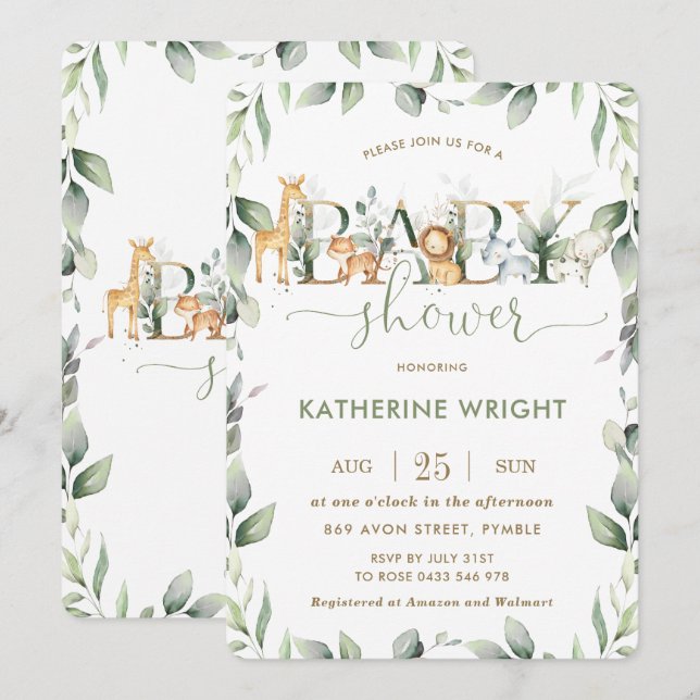 Chic Jungle Animals Greenery Baby Shower Boy Girl Invitation (Front/Back)