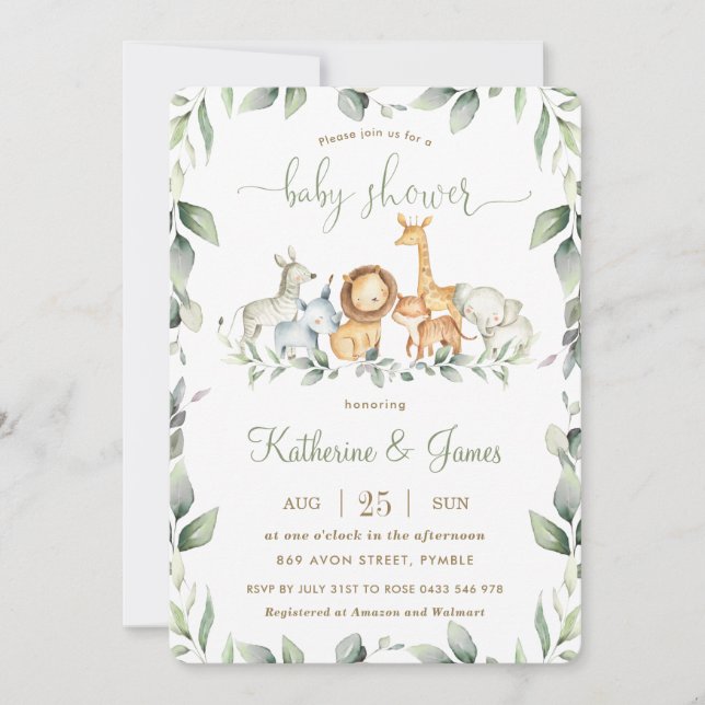 Chic Jungle Animals Greenery Baby Shower Neutral Invitation (Front)