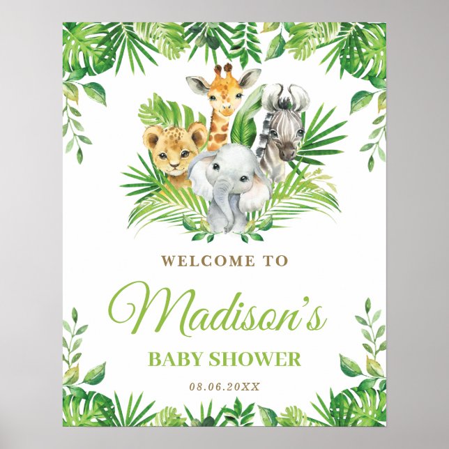 Chic Jungle Animals Greenery Baby Shower Welcome Poster (Front)