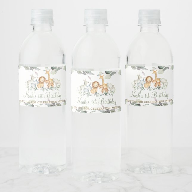 Chic Jungle Animals Greenery Birthday Party Favour Water Bottle Label (Bottles)