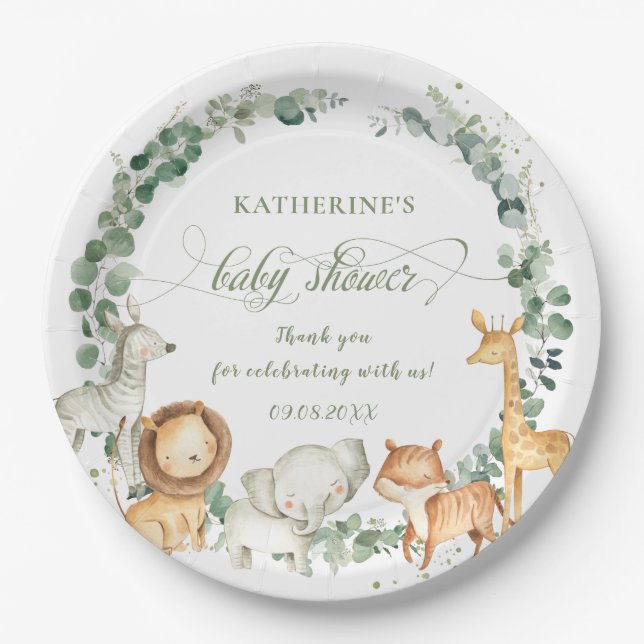 Chic Jungle Animals Greenery Neutral Baby Shower   Paper Plate (Front)