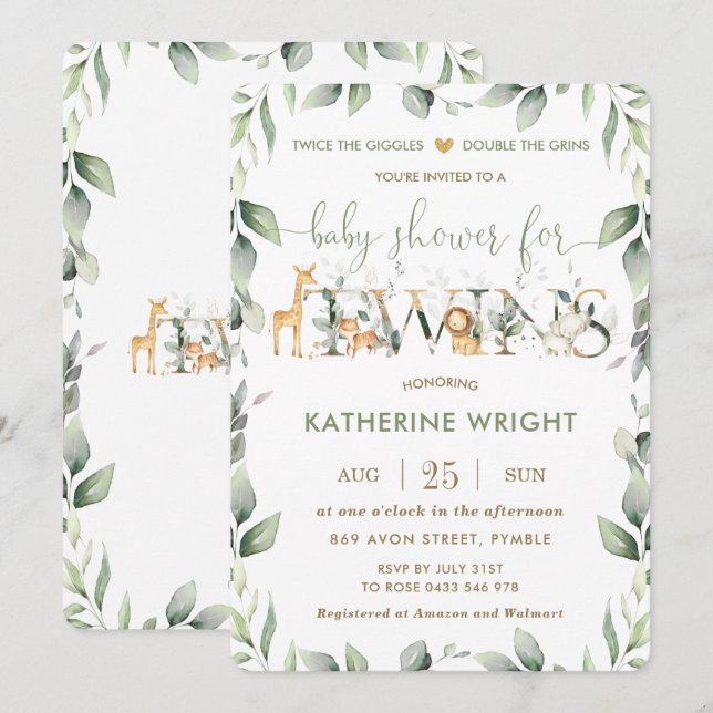 Chic Jungle Animals Greenery Twins Baby Shower Invitation (Front/Back)