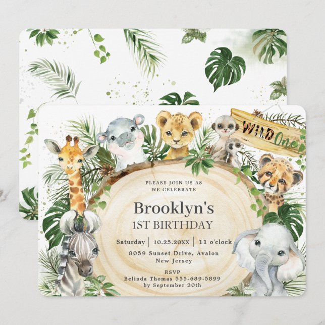 Chic Jungle Animals Greenery Wild One 1st Birthday Invitation (Front/Back)