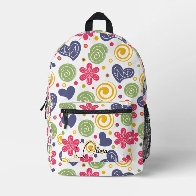 Chic Kawaii Floral Pattern Custom Name Print Printed Backpack (Front)