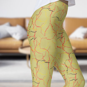 Chic Khaki and Red Fracture Pattern Leggings