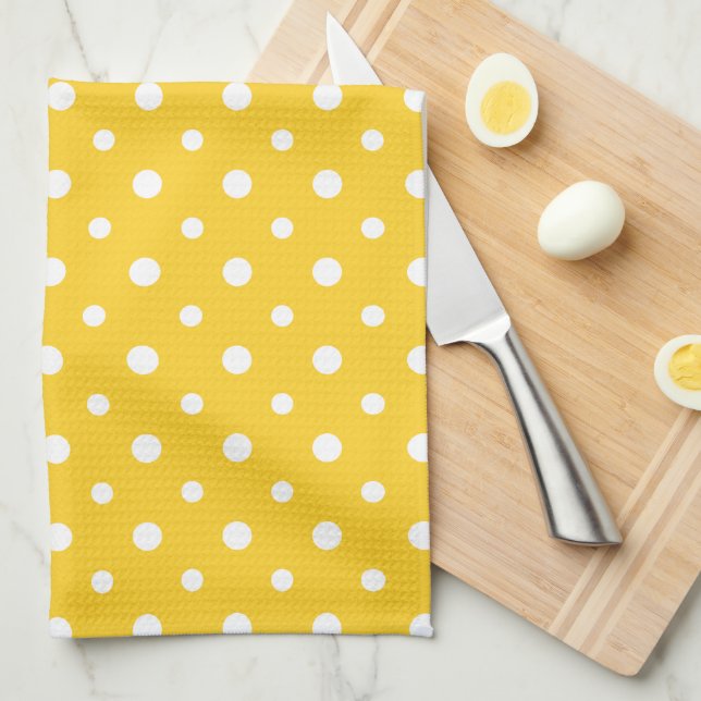 Chic Kitchen Towel: White Jumbo Polkas on Yellow Kitchen Towel (Quarter Fold)