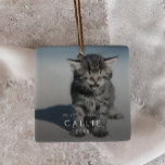 Chic Kitten's First Christmas Cat Photo Overlay Ceramic Ornament<br><div class="desc">This chic kitten's first Christmas cat photo overlay ceramic ornament is the perfect modern Christmas tree decoration. The simple design features classic minimalist white typography with a rustic boho feel. This keepsake ornament reads "my first Christmas". Personalize your double-sided ornament with a photo of your kitty, your kitten's name and...</div>