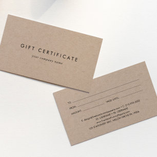 Chic Kraft papier certificat cadeau d'entreprise