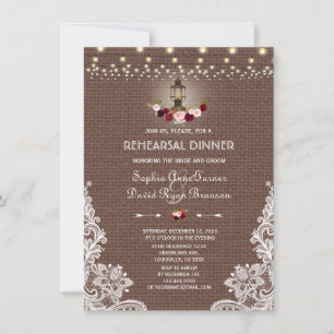 Chic Lace Burlap String Lights Rehearsal Dinner Invitation