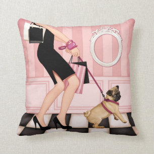 Chic lady walking her pug throw pillow