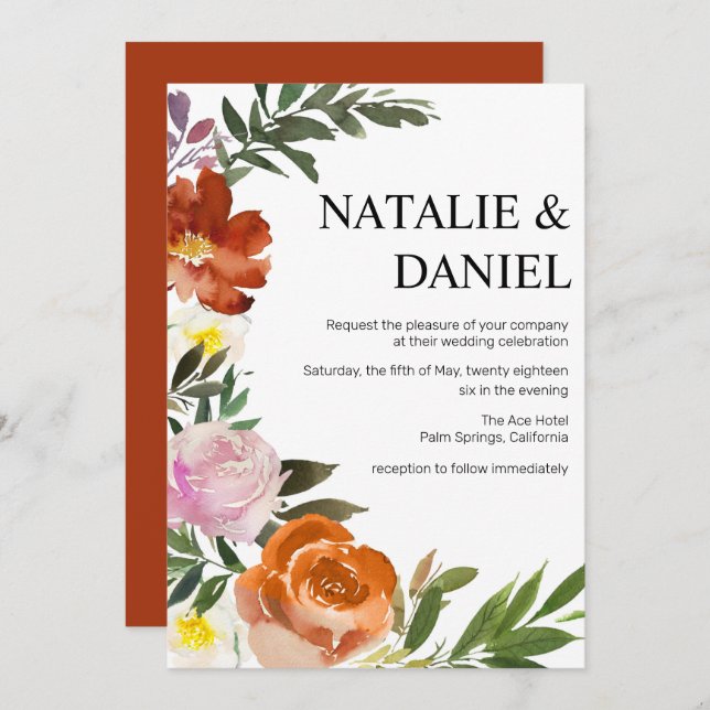 Chic Large Burnt Orange , Pink Floral Wedding Invitation (Front/Back)