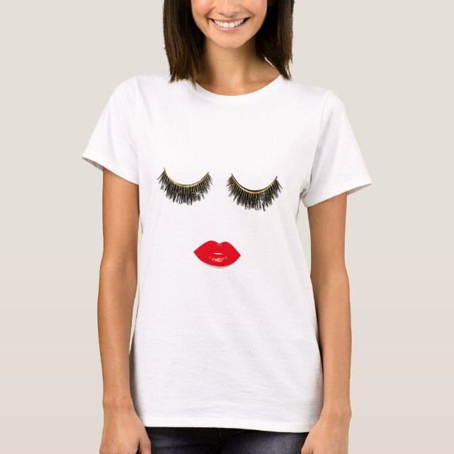 Chic Lashes & Red Lips Print Beauty Girl T-Shirt (Front)