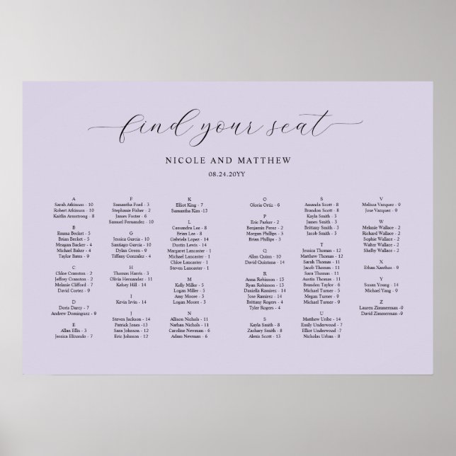 Chic Lavender Alphabetical Wedding Seating Chart (Front)