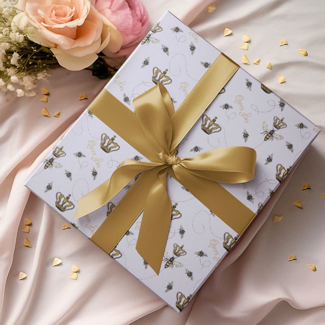 Chic Lavender Buzzing Royal Queen Bee & Gold Crown Wrapping Paper (Elegant Pattern with a Hand-Drawn Vintage Inspired Buzzing Queen Bee & her Royal Crown in Lavender)