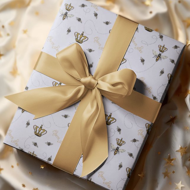 Chic Lavender Buzzing Royal Queen Bee & Gold Crown Wrapping Paper (Chic Lavender Buzzing Queen Bees and Royal Crowns with the Gold Hand-Written Text, "Queen Bee". 
)