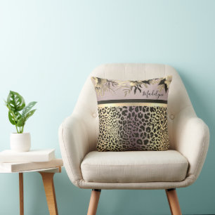 Chic Lavender Gold Leopard Safari Floral Custom Throw Pillow