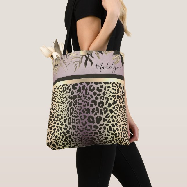 Chic Lavender Gold Leopard Safari Floral Tote Bag (Close Up)