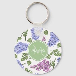 Chic Lavender Lilac Floral Pastel Green Monogram Keychain