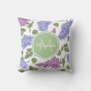 Chic Lavender Lilac Floral Pastel Green Monogram Throw Pillow