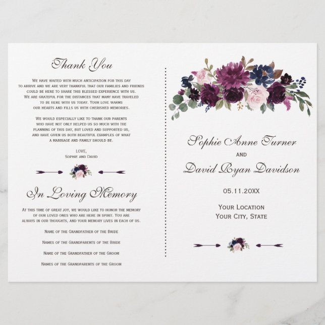 Chic Lavender Navy Blue Floral Bloom Program (Front)