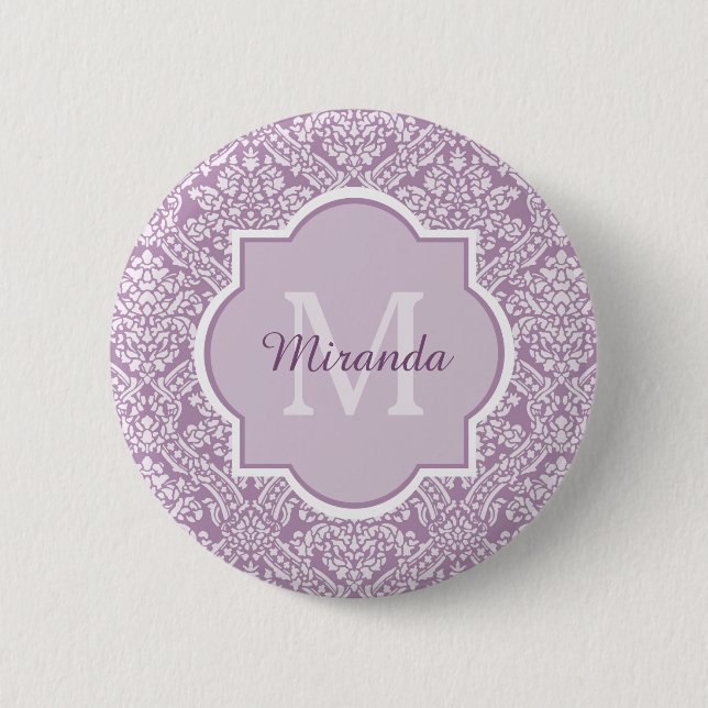 Chic Lavender Purple Damask Monogram With Name 2 Inch Round Button (Front)