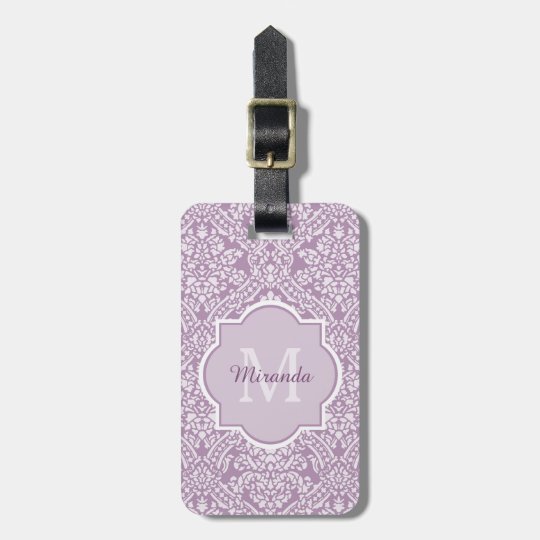 Chic Lavender Purple Damask Monogram With Name Luggage Tag