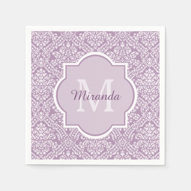 Chic Lavender Purple Damask Monogram With Name Napkin (Front)