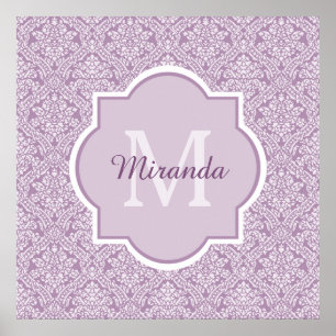 Chic Lavender Purple Damask Monogram With Name Poster