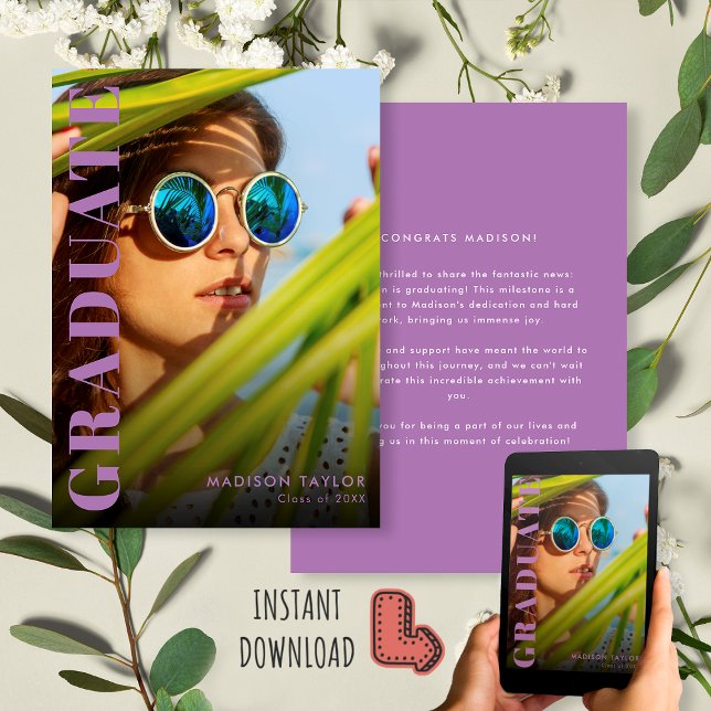 Chic Lavender Purple Modern Photo Graduation Announcement (Creator Uploaded)