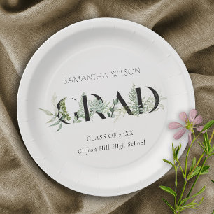 Chic Leafy Fern Succulent Green Foliage Graduation Paper Plate