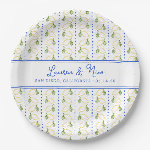 Chic Lemon Citrus Blue and Yellow Summer Wedding Paper Plate