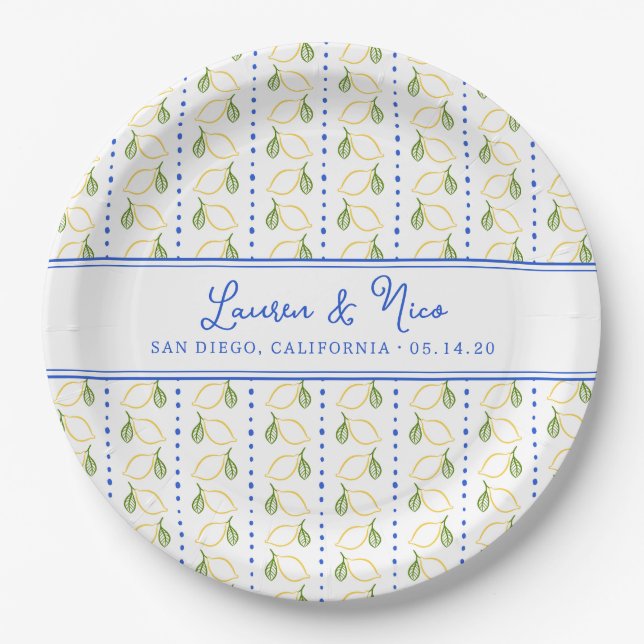Chic Lemon Citrus  Blue and Yellow Summer Wedding Paper Plate (Front)