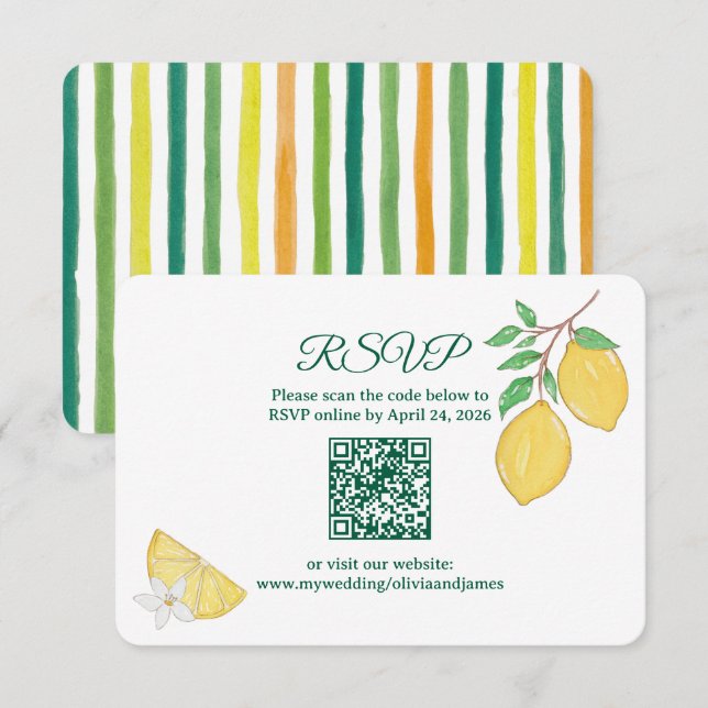 Chic Lemon Citrus Rounded QR Code Online Wedding RSVP Card (Front/Back)