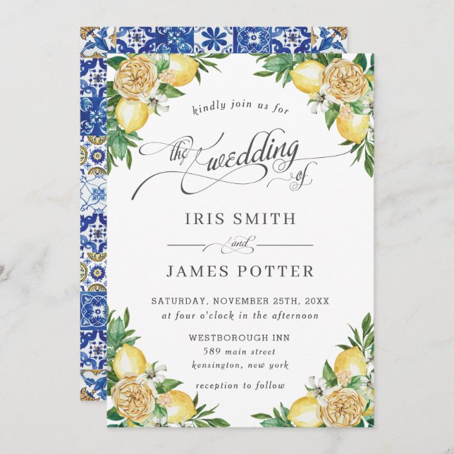 Chic Lemon Floral Greenery Mediterranean Wedding Invitation (Front/Back)