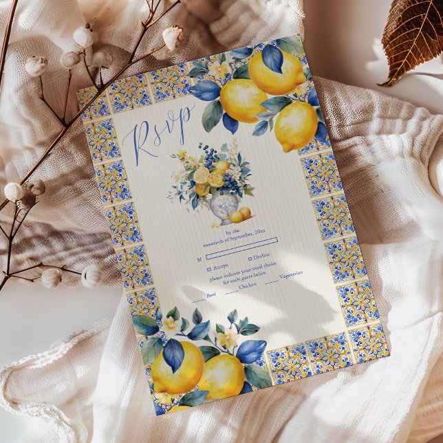 Chic Lemon Floral Greenery Mediterranean Wedding RSVP Card (Creator Uploaded)
