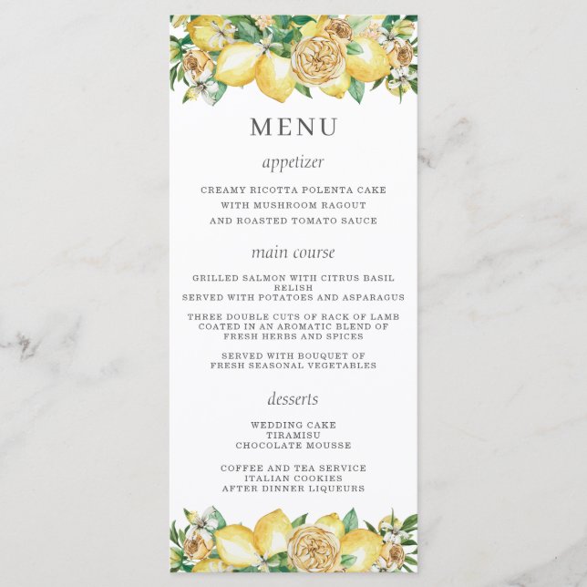 Chic Lemon Floral Greenery Wedding Menu (Front)