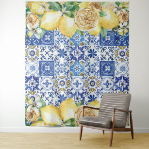 Chic Lemon Floral Meditteranean Mosaic Tiles Tapestry