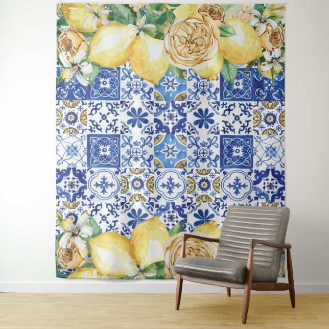Chic Lemon Floral Meditteranean Mosaic Tiles Tapestry (In Situ)
