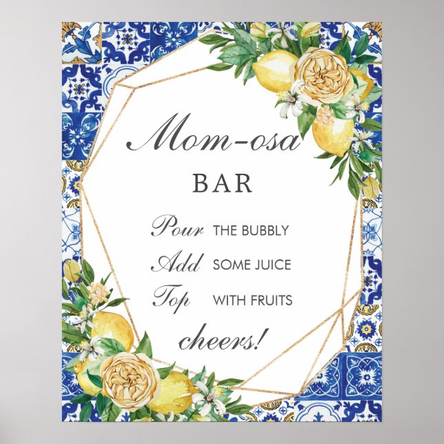 Chic Lemon Floral Mom-osa Bar Baby Shower Sign (Front)