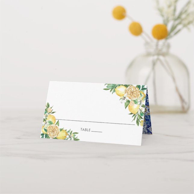 Chic Lemon Greenery Floral Mediterranean Wedding Place Card (Front)