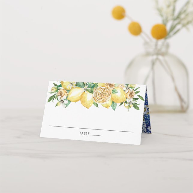 Chic Lemon Greenery Floral Mediterranean Wedding Place Card (Front)