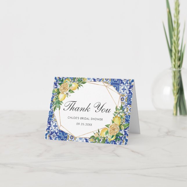 Chic Lemon Mediterranean Bridal Baby Shower Thank You Card (Front)