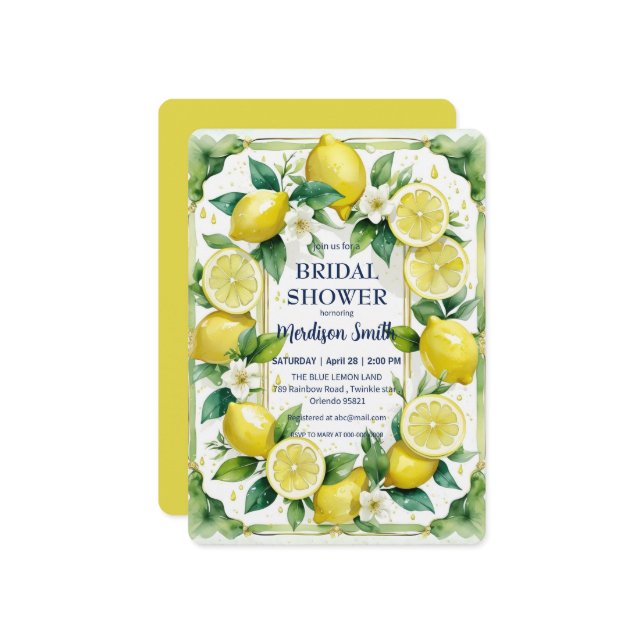 Chic Lemon Mediterranean Summer Bridal Shower   Invitation (Front/Back In Situ)