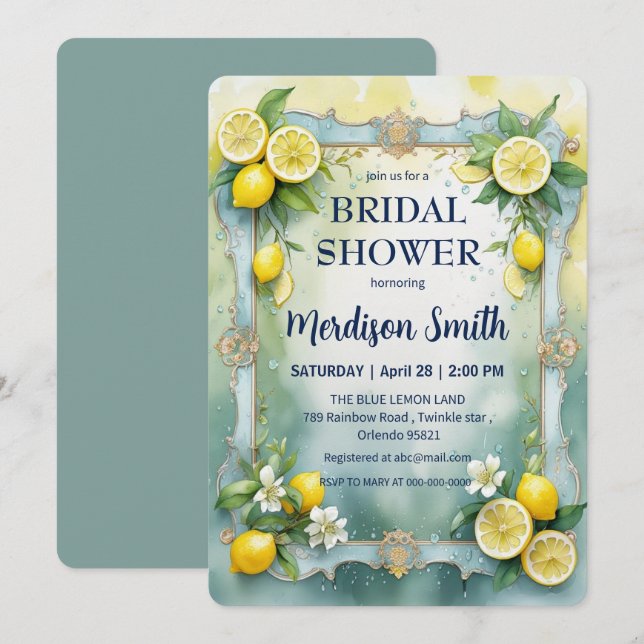 Chic Lemon Mediterranean Summer Bridal Shower   Save The Date (Front/Back)